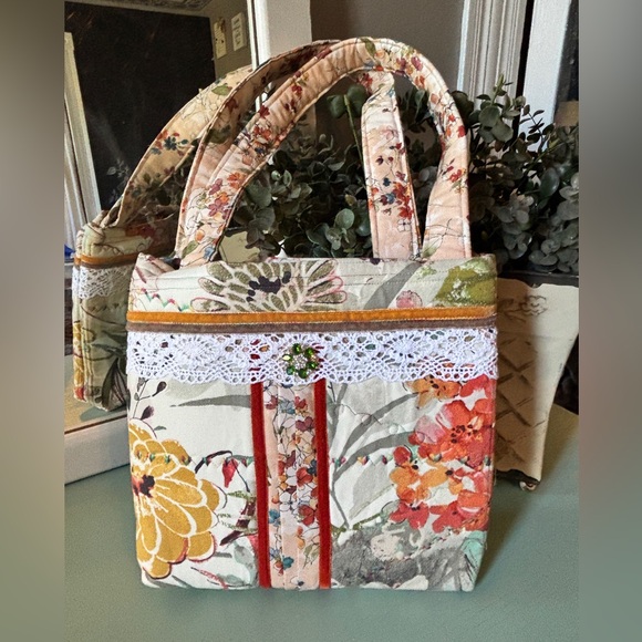 Handbags - Handmade Floral Tote Bag with Lace & Velvet Trim - includes extras!